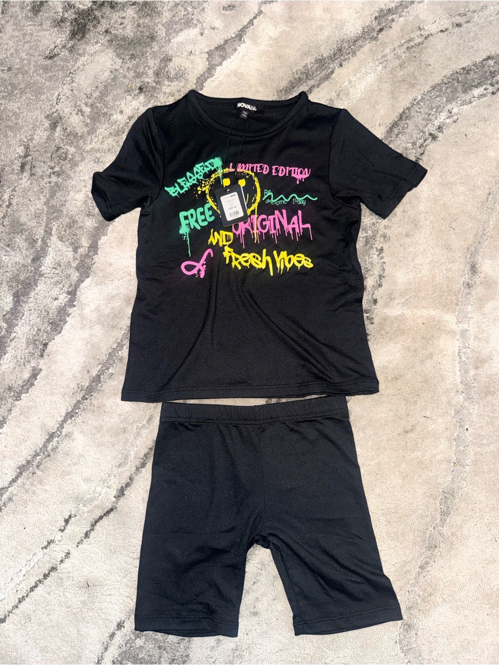 Fashion Nova Kids Black Short Set with Neon Pink, Green & Yellow Graphics
